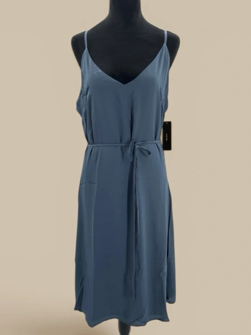 Lulus Breezy Slate Blue Chiffon V-Neck Tie Waist Midi Dress Side Slits Sz L NWT